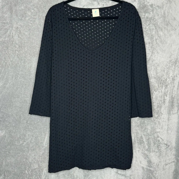 Caribbean Joe XL Shirt Top Black Solid 3/4 Sleeve V Neck Eyelet 100% Cotton - Picture 1 of 6
